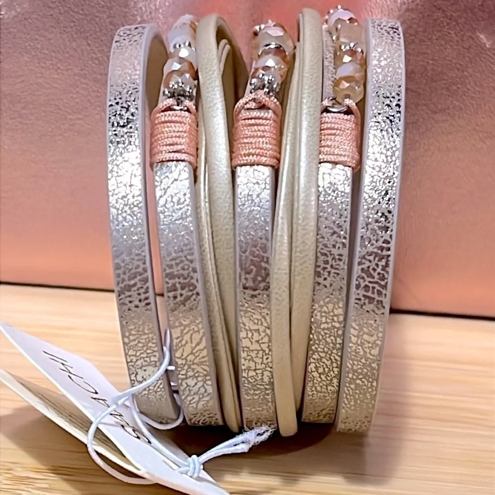Brand New Multi-Strap Beaded Vegan Leather Wrap Magnetic Clasp Metallic Bracelet